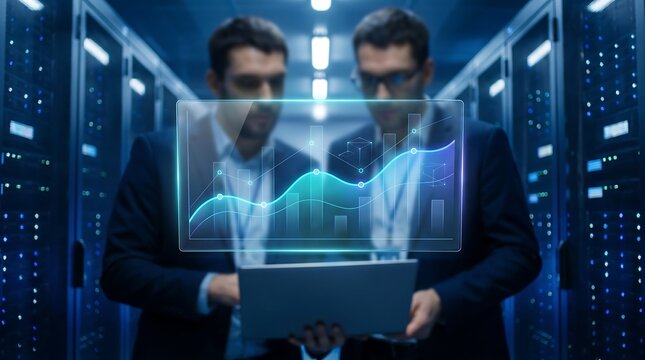 Business analysts reviewing financial data on laptop with floating holographic bar graph in high-tech server room reflecting corporate data analysis and market strategy