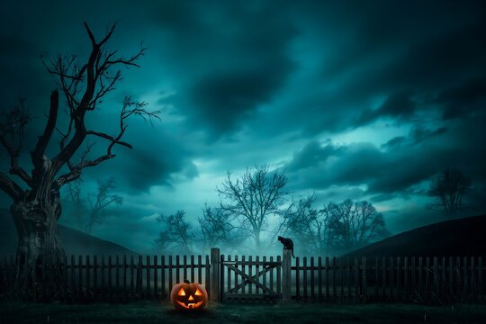 Eerie haunted house on a dark night spooky halloween scene with ghostly presence