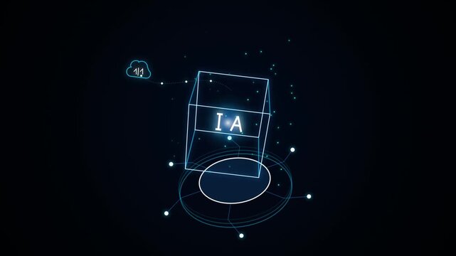 Futuristic 3D cube with AI text and cloud data network rotation animation on dark background