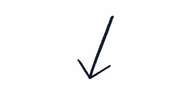 Hand drawn arrow pointing down and left on black and white background. 4K