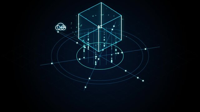 Digital AI cube with glowing data points and radar grid in cyberspace