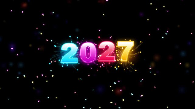 2027 Neon Glowing Year Numbers with Falling Confetti and Fireworks Animation
