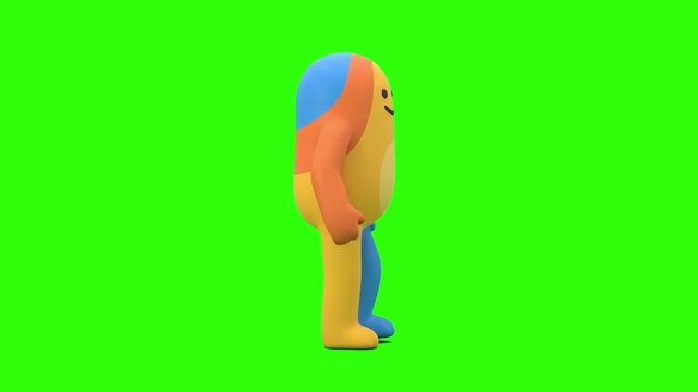 A stylized 3D animated colorful character performing a side leg stretch exercise on a chroma key green background. Excellent for fitness app promos, workout tutorials, warmup routines, sports avatars,