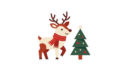 Fototapeta premium Cute Reindeer with Red Winter Scarf Standing Beside a Decorative Christmas Tree Illustration