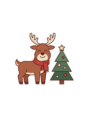 Fototapeta premium Cute Reindeer Wearing A Winter Scarf Standing Beside A Decorated Christmas Tree Illustration
