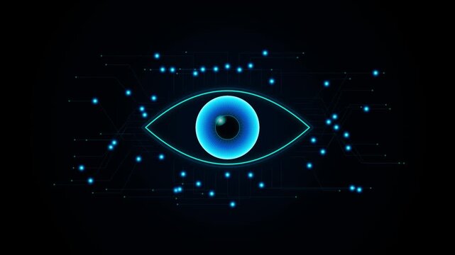 Glowing Digital Cyber Eye Animation with Circuit Board Background