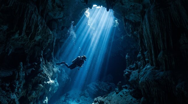 Underwater cave with sunbeams illuminates a scuba diver exploring the depths