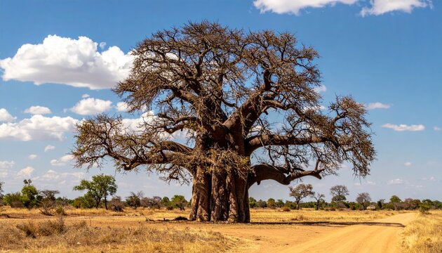Majestic baobab tree standing in a natural African landscape, ancient flora and wilderness concept