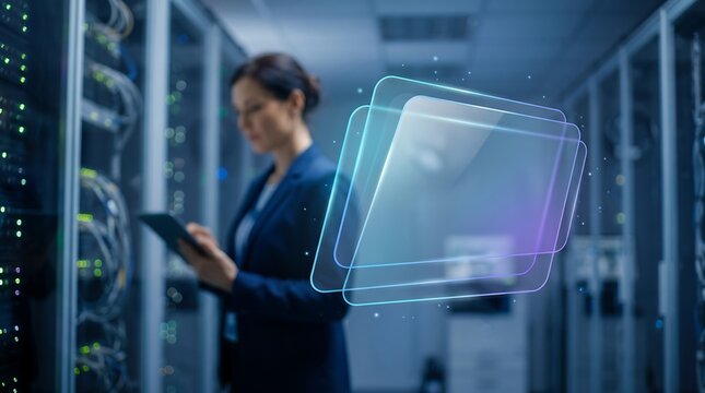 Data center administrator using tablet with holographic file management interface for organizing cloud storage and network infrastructure in secure server room environment