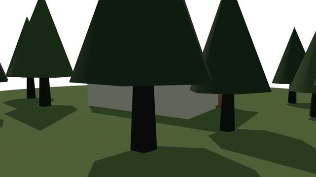 Low poly 3D render of cabin in pine forest