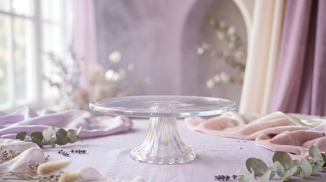 Empty glass cake stand on pastel background with flowers