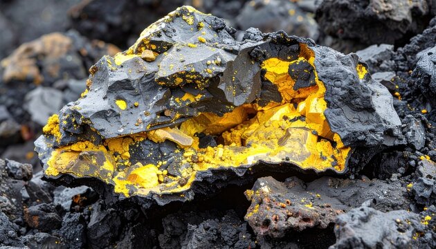 Broken volcanic rock with exposed interior and yellow sulfur deposits, scoria lava geological specimen