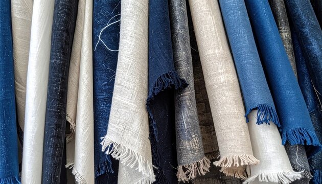 Assorted fabric swatches in blue, beige, black, and white with frayed edges for textile design