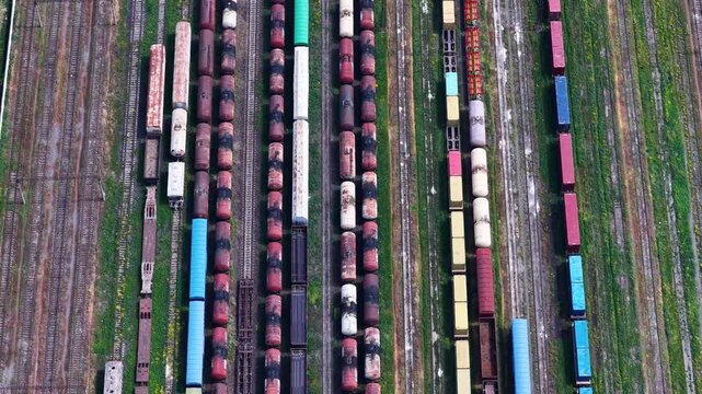 Aerial view of freight train cars in a railway yard, Georgia.