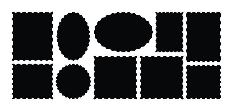 Black silhouette scalloped frames, irregular colorful text boxes. Crayon drawn squares and rectangles with wavy rough edges. 