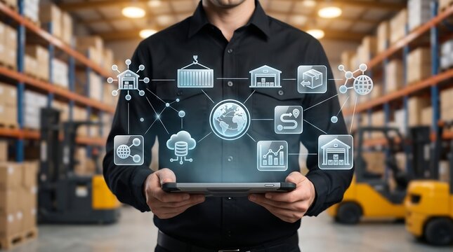 Supply chain manager using digital tablet with holographic global trade network interface for visualizing inventory distribution and logistical data in large warehouse facility
