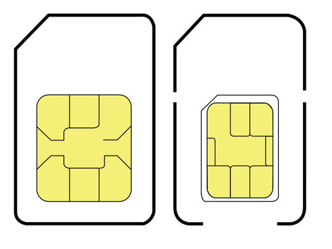 SIM Card Icon Front and Back with Microchip Design Isolated on White Background. Mobile phone SIM card and smart chip outline icon illustration