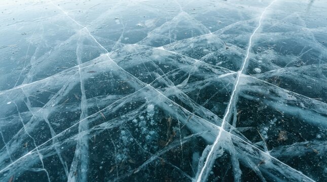 Intricate web of deep cracks forming complex geometric patterns across the dark frozen surface of a thick winter lake