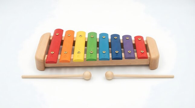 A colorful wooden xylophone with mallets on a white background