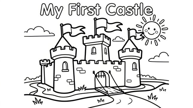 A delightful black and white coloring page illustration featuring a whimsical castle with towers flags a cheerful sun and a drawbridge surrounded by clouds and grassy fields