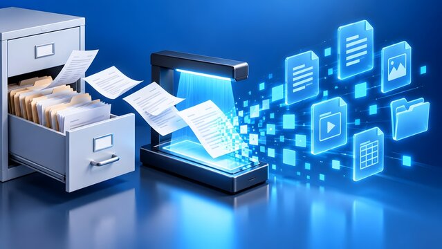 Filing cabinet papers entering futuristic digital scanner converting into glowing data cubes and digital file icons