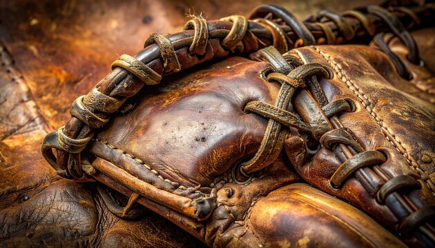 Worn leather baseball glove with detailed stitching, lacing, and aged texture for sports equipment concepts