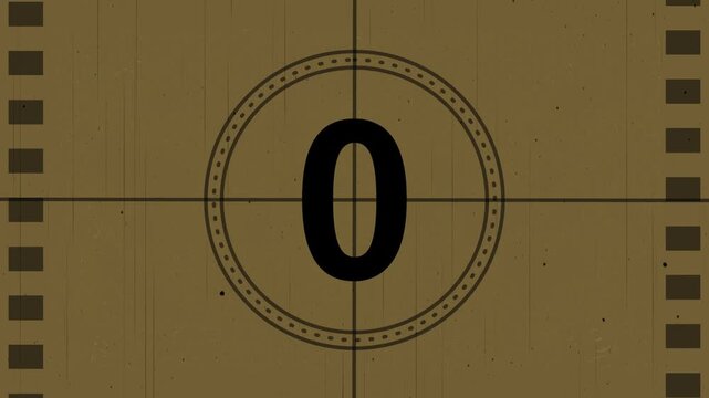 Old film strip countdown 5 to 0 in grey color. Vintage defocused film look, flicker, grain and scratches effect animation. Nostalgic to any video production