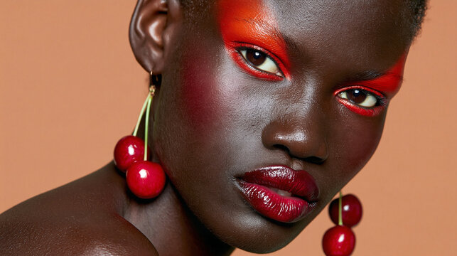 Woman with bold red makeup wears glossy cherries as earrings, vivid studio lighting highlighting playful fruitcore beauty editorial with striking detail.
