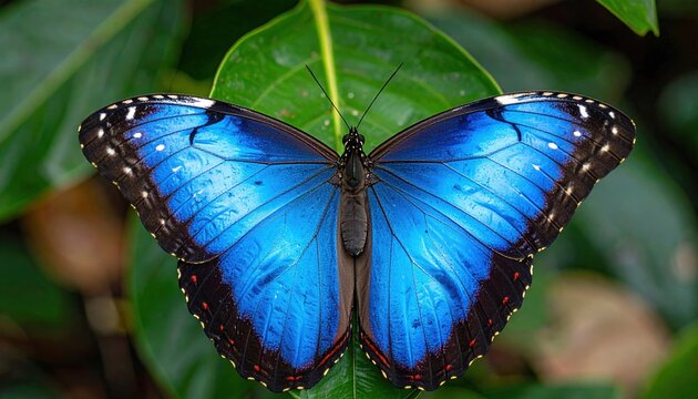 Blue morpho butterfly with open wings viewed from above, vivid azure scales and tropical insect beauty