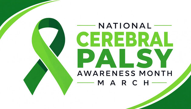 National cerebral palsy awareness month banner design with a green ribbon symbol representing health support and community care throughout the month of march
