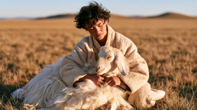 Herder in traditional wool deel gently combs soft cashmere from a calm goat on the golden Mongolian steppe, capturing authentic nomadic tradition.
