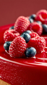 Glossy cake topped with vivid fresh raspberries and blueberries, capturing rich jewel-toned colors and indulgent bakery texture in vibrant detail.