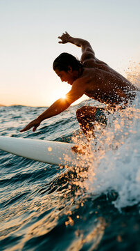 Surfer riding a wave at sunset with a dynamic splash, capturing an athletic, adventurous water sport and summer vacation lifestyle moment.