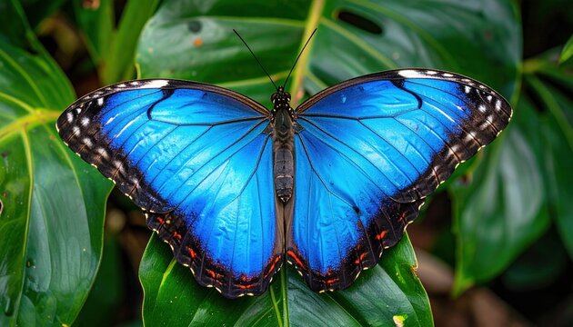 Blue morpho butterfly with open wings viewed from above, vivid azure scales and tropical insect beauty