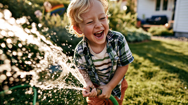 Laughing child spraying water from a garden hose in a sunny backyard, capturing joyful splashing fun and authentic childhood summer play.