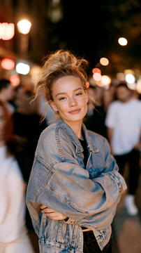 Young woman in a denim jacket standing calmly amid a blurred nighttime city crowd, capturing stillness within urban motion and street lifestyle.