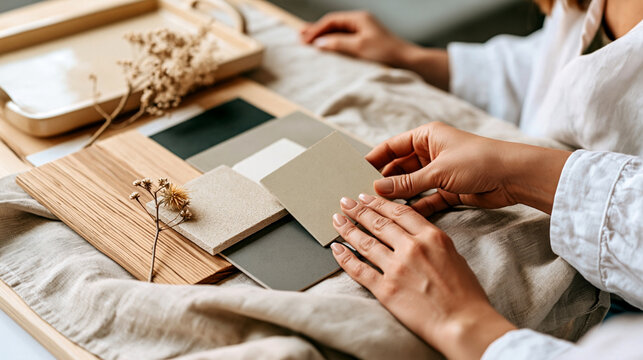 Hands arranging natural interior material samples like wood, stone, and linen, capturing a tactile eco-friendly design studio aesthetic.