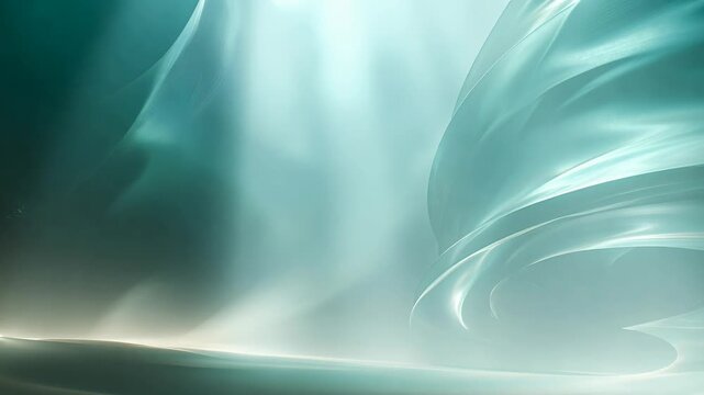 Abstract teal flowing waves with translucent curves on a gradient background, conveying calm, fluidity, elegance, and serenity