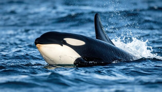 Orca swimming through ocean water, powerful black and white marine predator