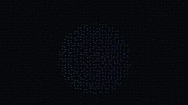 Seamless 4K dark technology animation of thousands of short filaments dynamically aligning and bending around a moving invisible magnetic field, creating a futuristic force lens for science, AI, energ