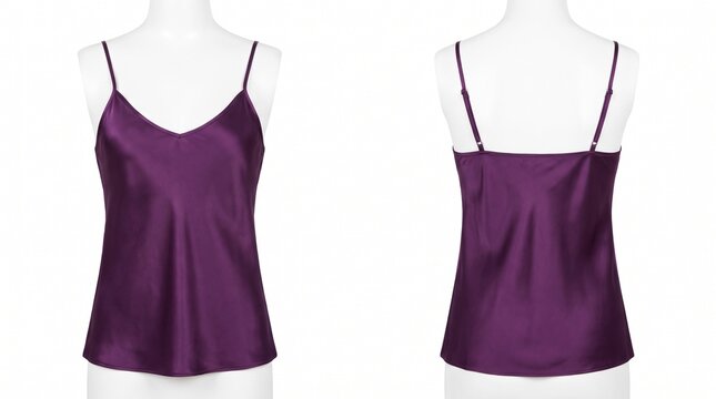 Purple silk camisole top front and back view on invisible mannequin