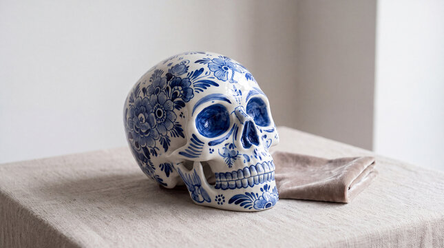 Ceramic skull decorated with intricate blue floral patterns, merging traditional Asian artistry with a modern Halloween theme, resting on a beige linen tablecloth in a clean, minimalist setting
