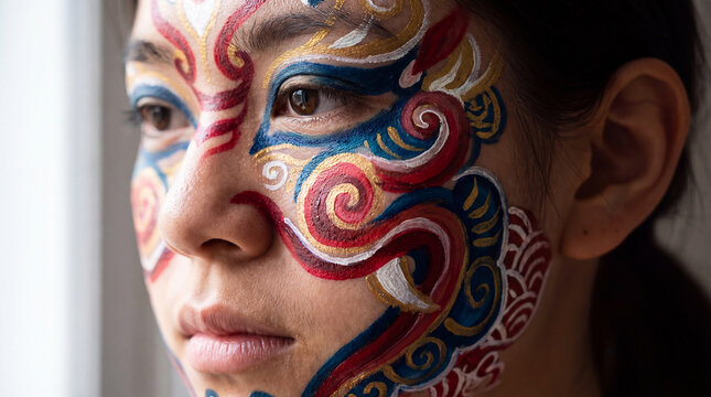 Person with elaborate, colorful face paint on their cheek and eye, featuring traditional Asian motifs, looking thoughtfully to the side against a soft background, depicting a cultural celebration