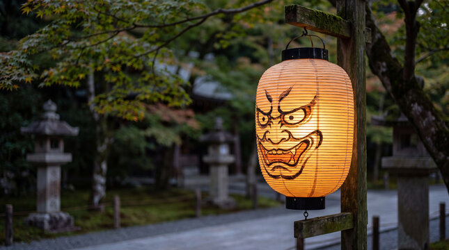 Traditional Japanese chochin lantern with a hand painted oni face hanging in a mossy temple garden, illuminating the path and creating an eerie, mysterious atmosphere at dusk