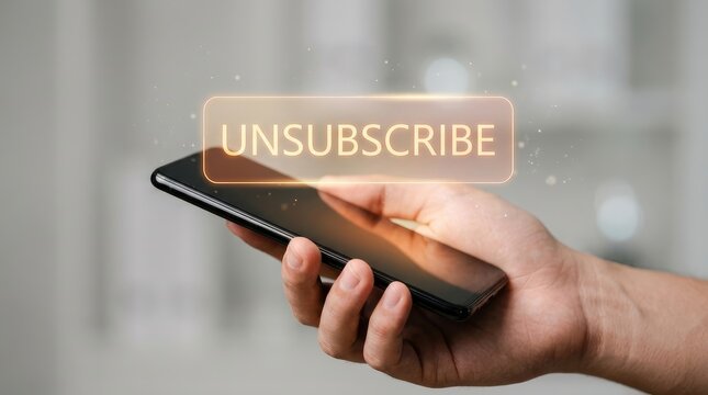 Hand holding black smartphone displays glowing orange unsubscribe button interface for digital marketing communications management inside a bright blurred office