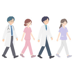 Fototapeta premium 医療チームのイラスト。医師、看護師、薬剤師、歯科衛生士が並んで立つフラットベクターイラスト。白衣やスクラブを着た多様な医療従事者たちが歩いている。病院やクリニックのスタッフをイメージしたキャラクターセット。