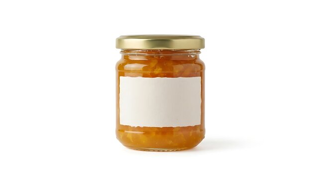 A small glass jar of homemade jam with a blank white label and gold lid on a plain white background