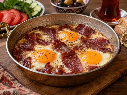 Pastırmalı Yumurta mit Eiern und w&uuml;rzigem Pastirma in rustikaler Kupferpfanne, serviert als deftiges t&uuml;rkisches Fr&uuml;hst&uuml;ck. Herzhafte t&uuml;rkische Spezialit&auml;t mit traditioneller Note.