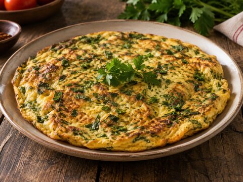 Goldbraun gebratenes t&uuml;rkisches Kr&auml;uteromelett mit frischer Petersilie auf schlichtem Teller serviert. Klassische t&uuml;rkische Spezialit&auml;t f&uuml;r Fr&uuml;hst&uuml;ck, Brunch und herzhafte Alltagsk&uuml;che.