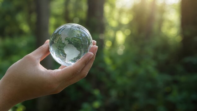 environmental policy climate change regulation. Hand holding a transparent globe with a forest background symbolizing environmental care and global responsibility.